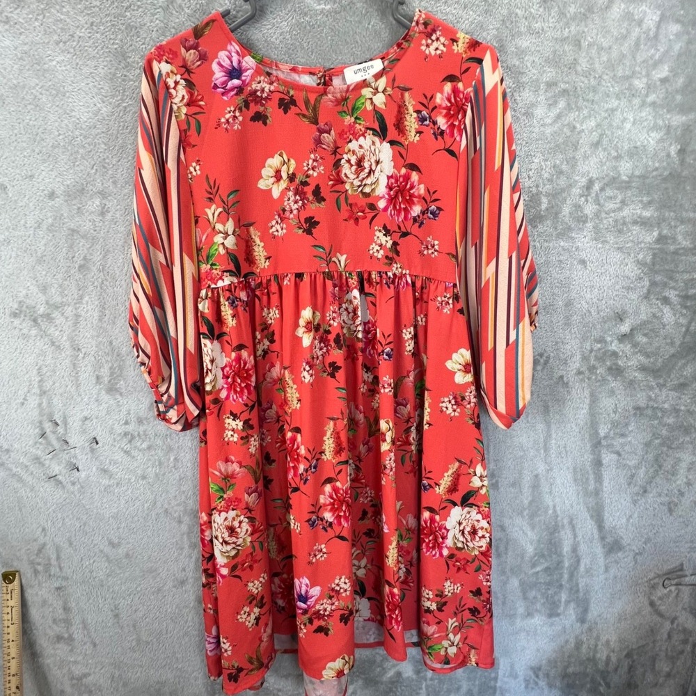 Umgee Floral Babydoll Mini Dress Balloon Sleeve Small Cottagecore Peasant Flowy
